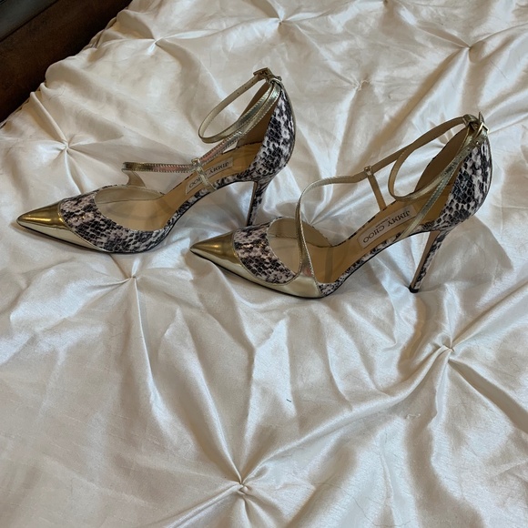 Jimmy Choo Gold/Beige Snakeprint Leather Dorsey Pumps sz 39 - Picture 5 of 10